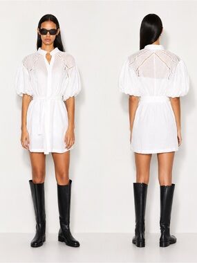 FRAME Inset Lace Puff Sleeve Mini Dress White Ramie Belted XS